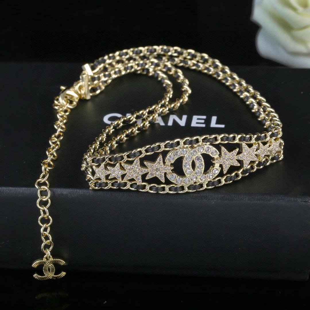 Chanel CC Star Crystal Leather Woven Choker necklace gold tone metal black leather clear crystal 36cm with 6cm extender