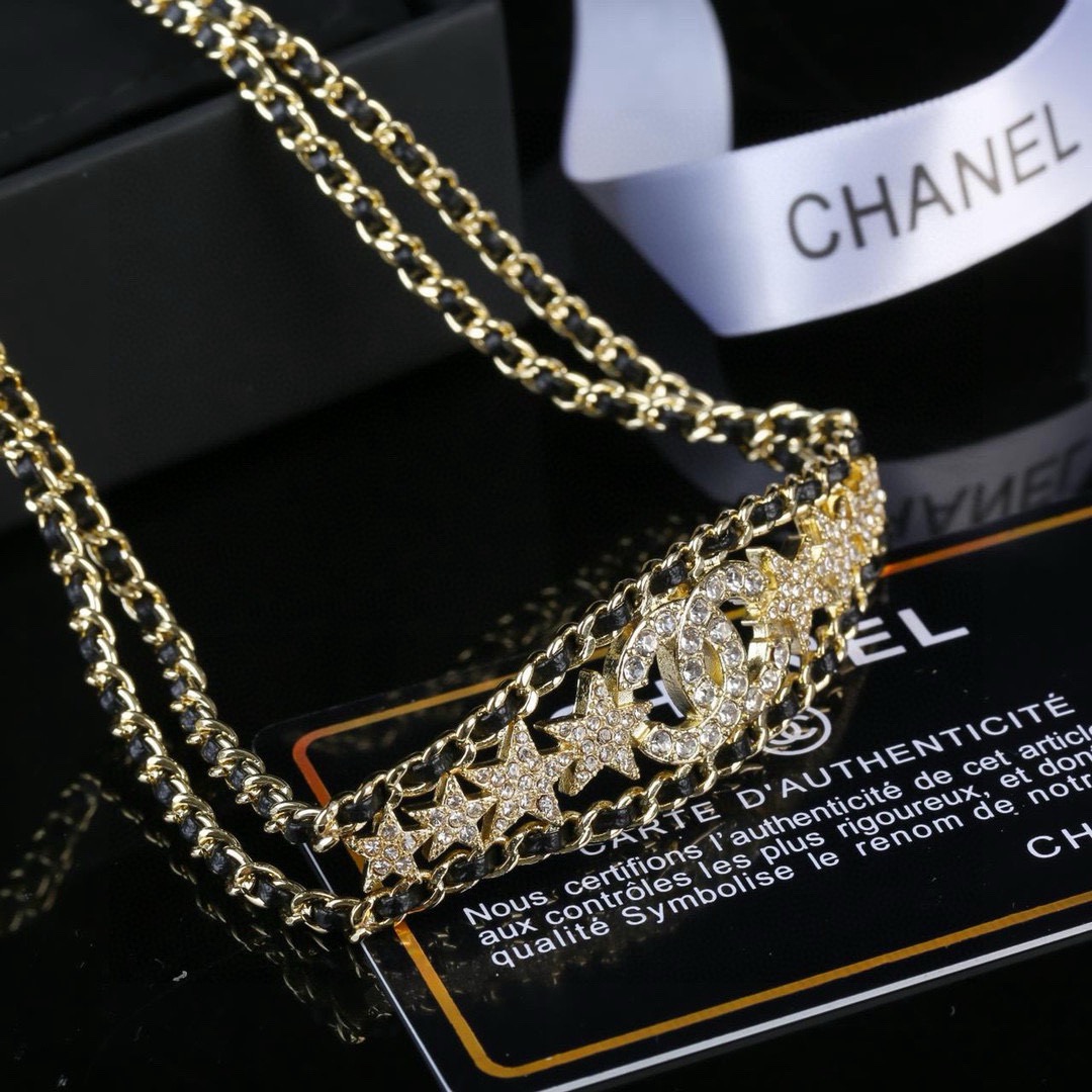 Chanel CC Star Crystal Leather Woven Choker necklace gold tone metal black leather clear crystal 36cm with 6cm extender