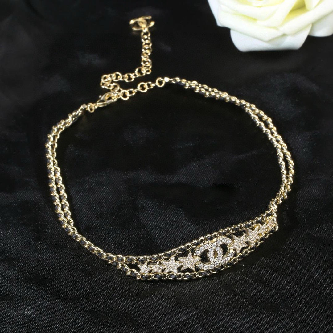 Chanel CC Star Crystal Leather Woven Choker necklace gold tone metal black leather clear crystal 36cm with 6cm extender