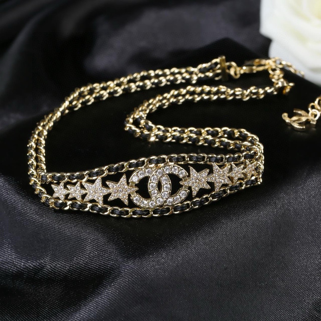 Chanel CC Star Crystal Leather Woven Choker necklace gold tone metal black leather clear crystal 36cm with 6cm extender