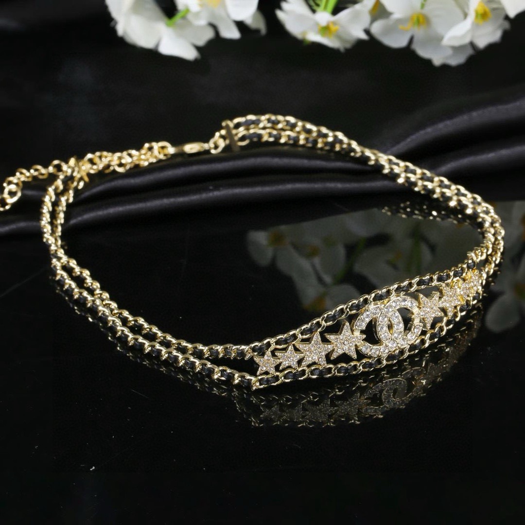 Chanel CC Star Crystal Leather Woven Choker necklace gold tone metal black leather clear crystal 36cm with 6cm extender