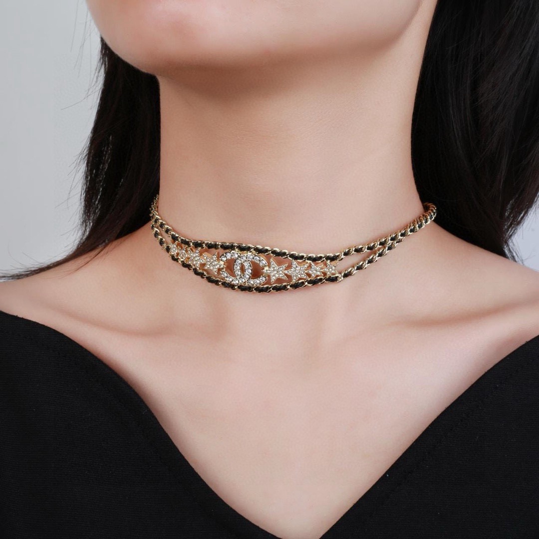 Chanel CC Star Crystal Leather Woven Choker necklace gold tone metal black leather clear crystal 36cm with 6cm extender