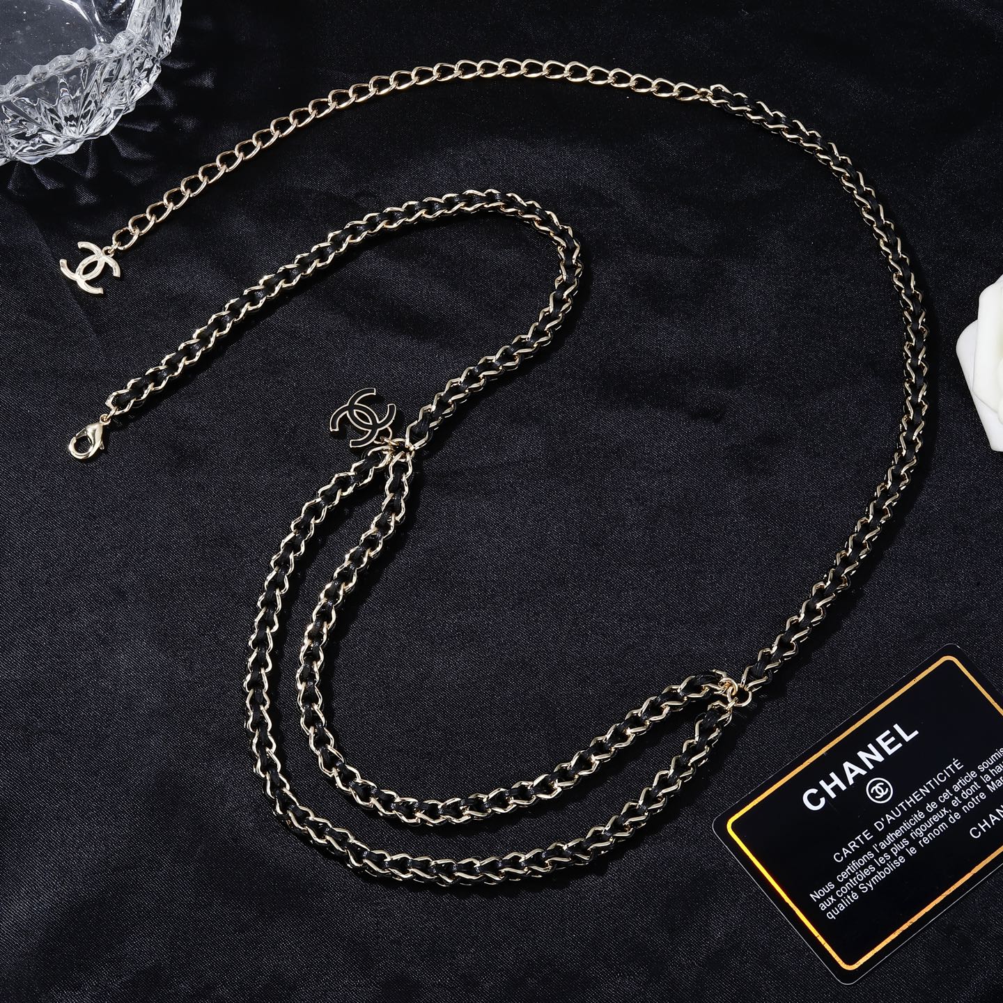Chanel CC Logo 2026 Spring Summer Preview Collection necklace Gold tone metal with black lambskin leather black enamel CC logo charm 80cm