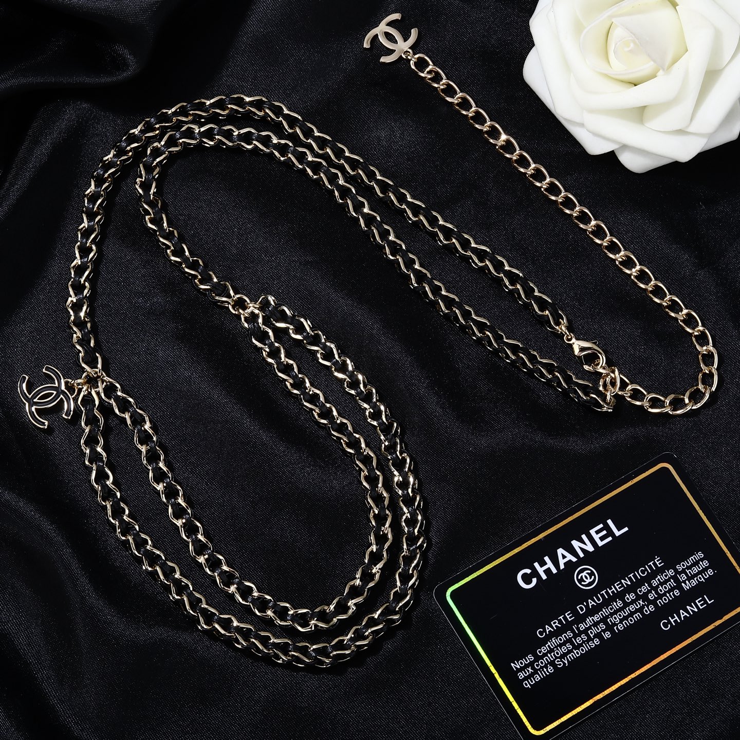 Chanel CC Logo 2026 Spring Summer Preview Collection necklace Gold tone metal with black lambskin leather black enamel CC logo charm 80cm