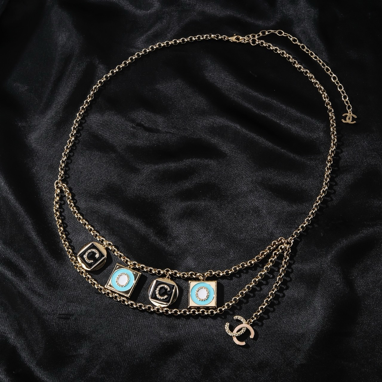 Chanel Coco Charms Double Chain necklace Light gold tone metal black enamel turquoise blue enamel white enamel clear crystal accents 80cm with 10cm extension