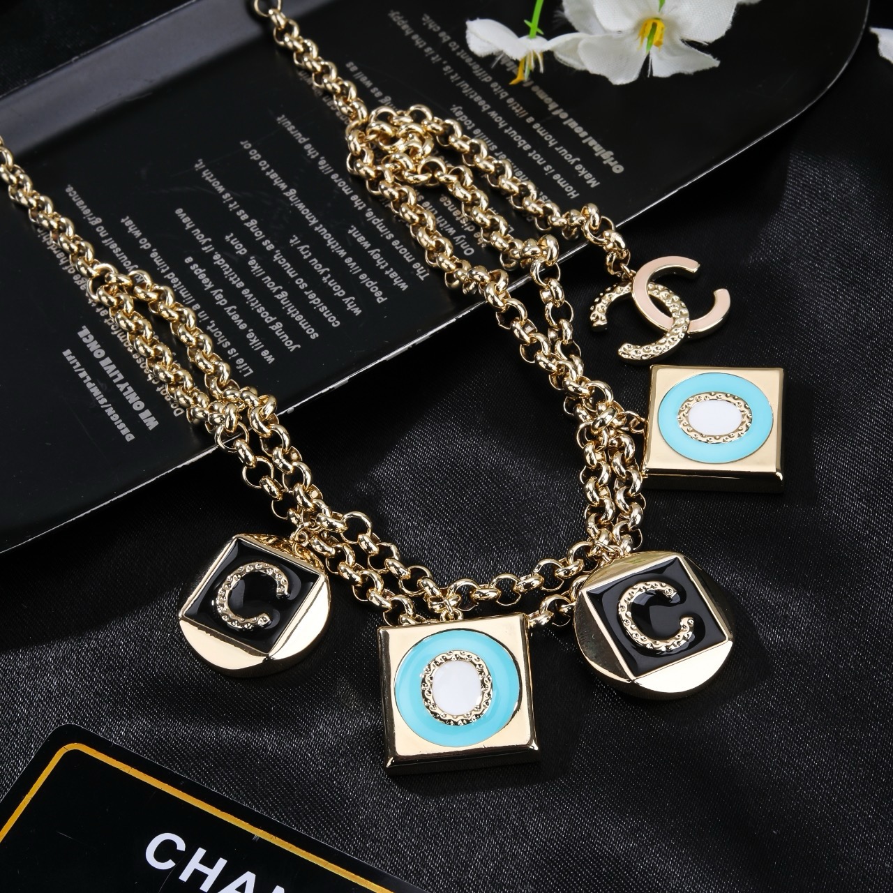 Chanel Coco Charms Double Chain necklace Light gold tone metal black enamel turquoise blue enamel white enamel clear crystal accents 80cm with 10cm extension