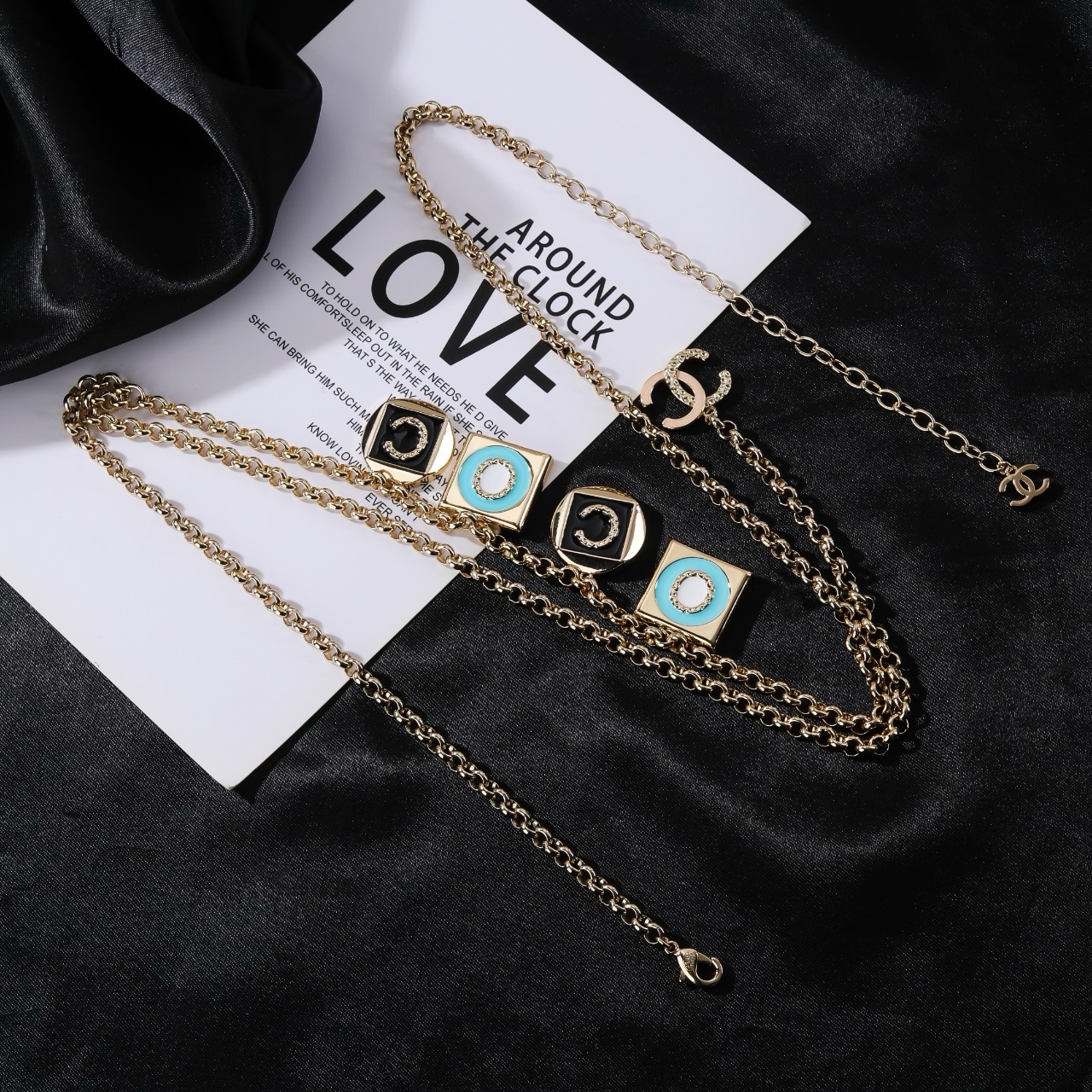 Chanel Coco Charms Double Chain necklace Light gold tone metal black enamel turquoise blue enamel white enamel clear crystal accents 80cm with 10cm extension