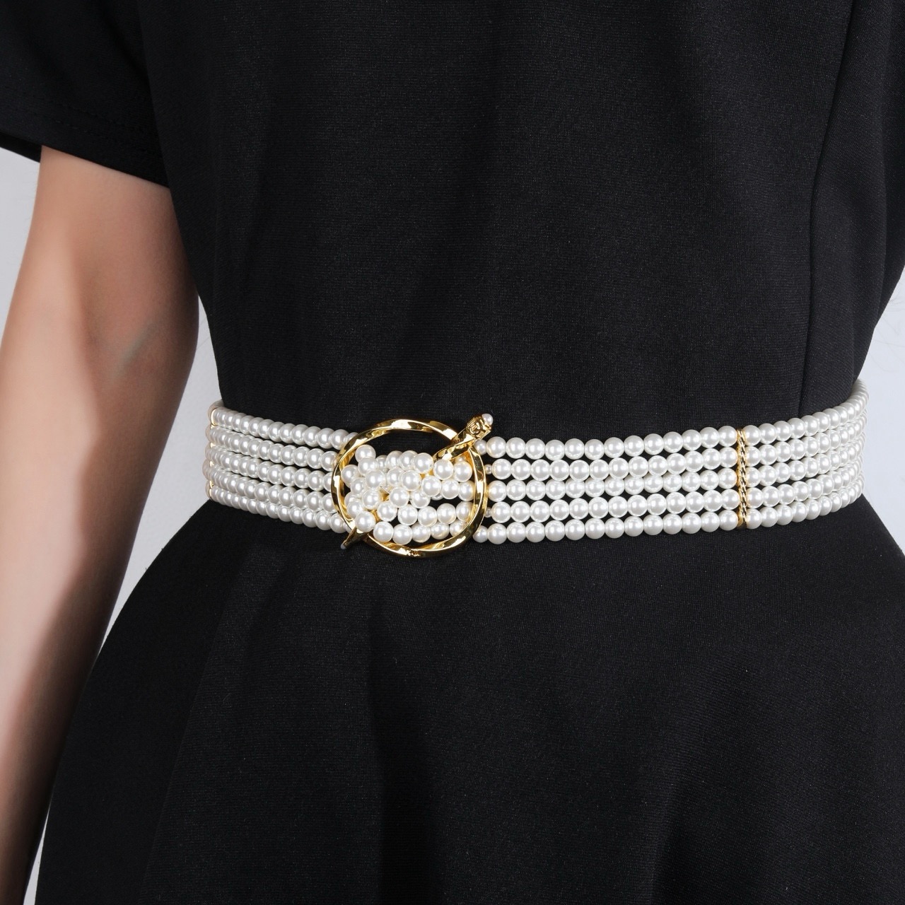 Chanel 2025 26 belt Gold tone metal white pearl black accent Adjustable chain length with extender fits waist sizes 65cm-85cm