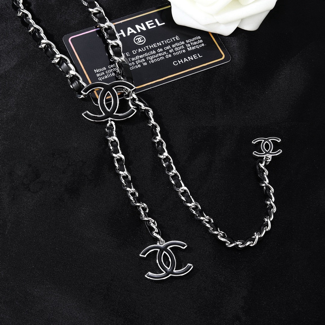 Chanel CC Logo Leather Woven Chain Lariat necklace Silver-tone metal with black leather and black enamel CC logos 80cm