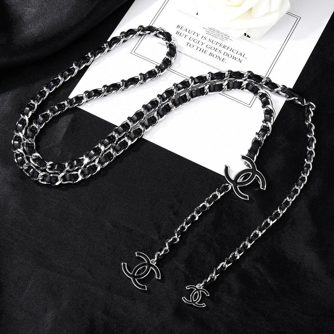 Chanel CC Logo Leather Woven Chain Lariat necklace Silver-tone metal with black leather and black enamel CC logos 80cm