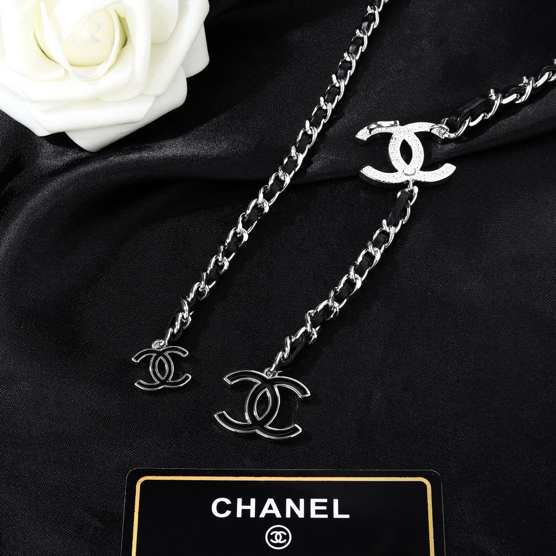 Chanel CC Logo Leather Woven Chain Lariat necklace Silver-tone metal with black leather and black enamel CC logos 80cm