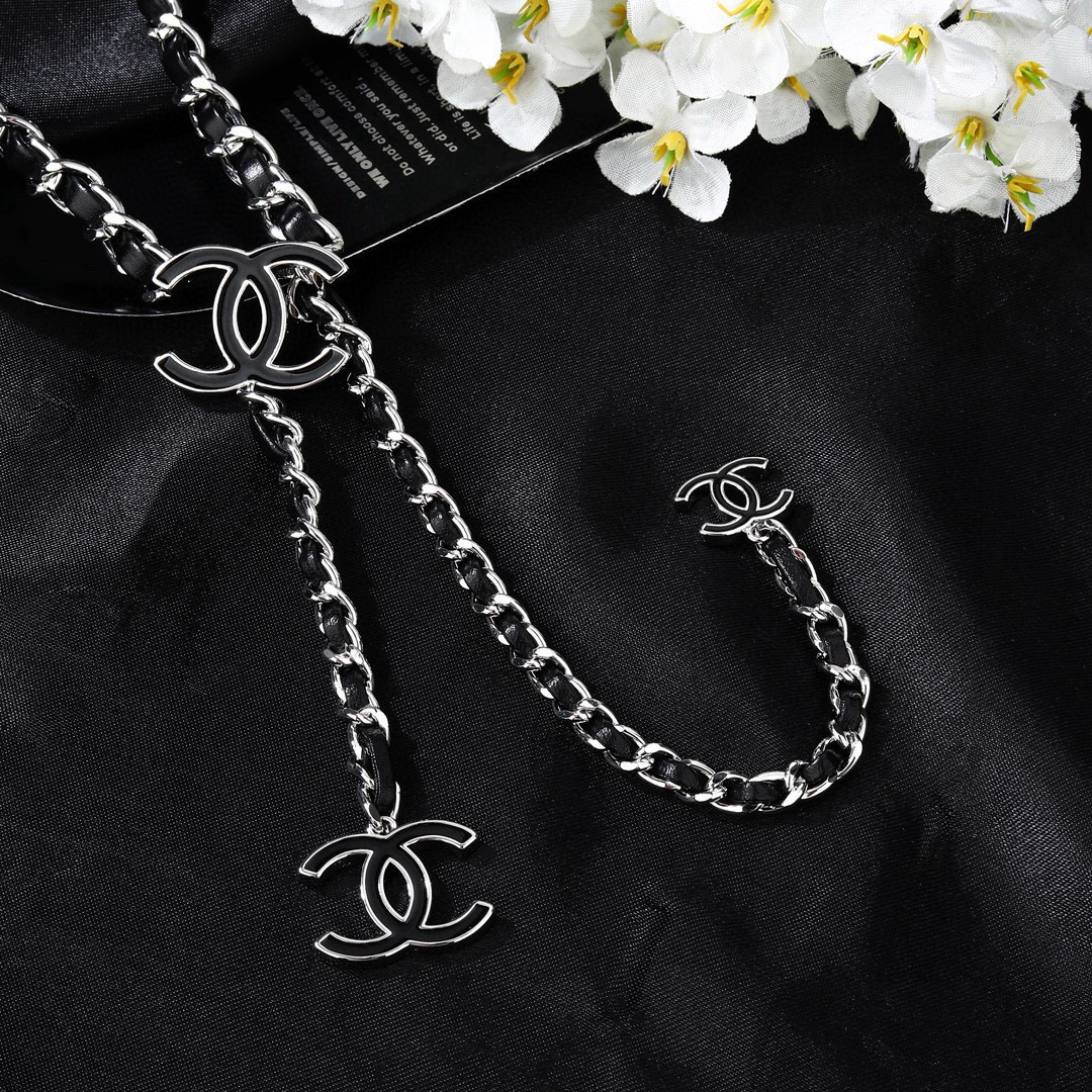 Chanel CC Logo Leather Woven Chain Lariat necklace Silver-tone metal with black leather and black enamel CC logos 80cm