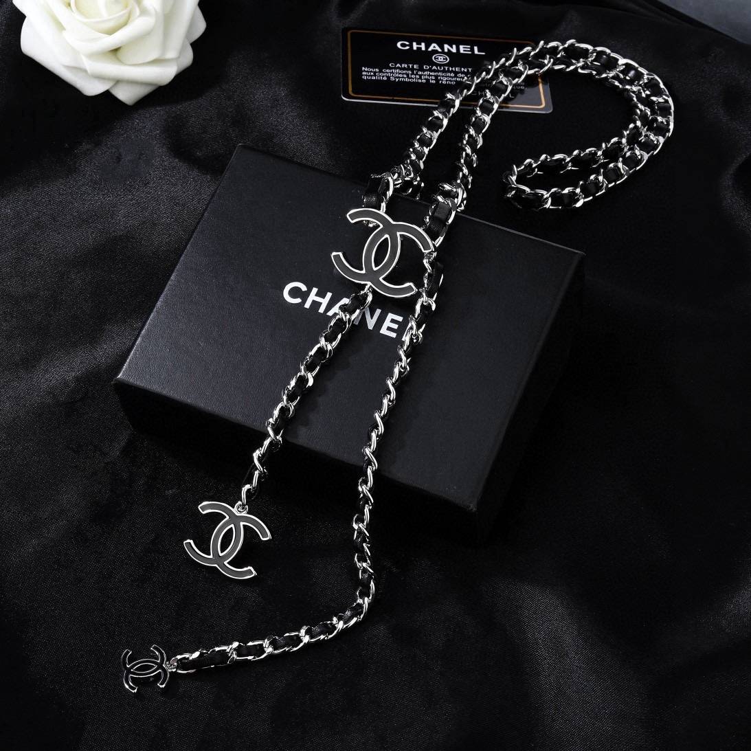 Chanel CC Logo Leather Woven Chain Lariat necklace Silver-tone metal with black leather and black enamel CC logos 80cm