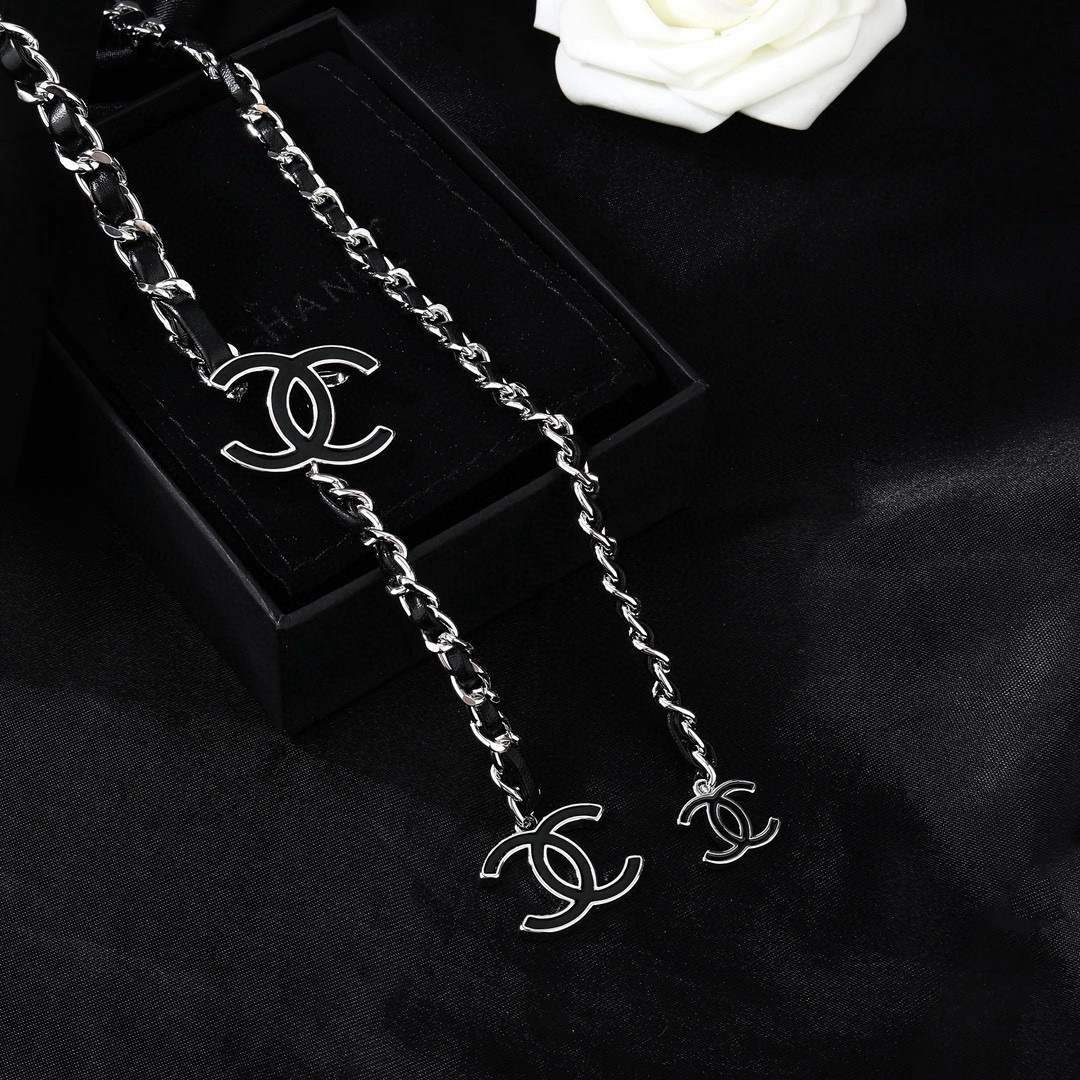 Chanel CC Logo Leather Woven Chain Lariat necklace Silver-tone metal with black leather and black enamel CC logos 80cm