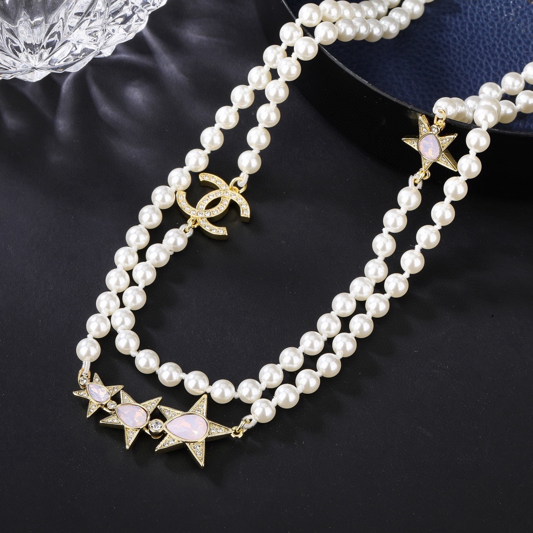 Chanel CC Logo Star Pearl Long Necklace necklace Gold-tone metal white faux pearls clear crystals pink opalescent cabochons 80cm with 5cm extender chain