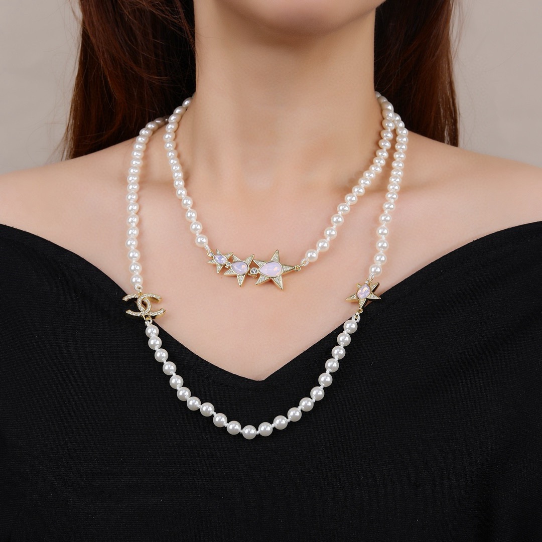 Chanel CC Logo Star Pearl Long Necklace necklace Gold-tone metal white faux pearls clear crystals pink opalescent cabochons 80cm with 5cm extender chain