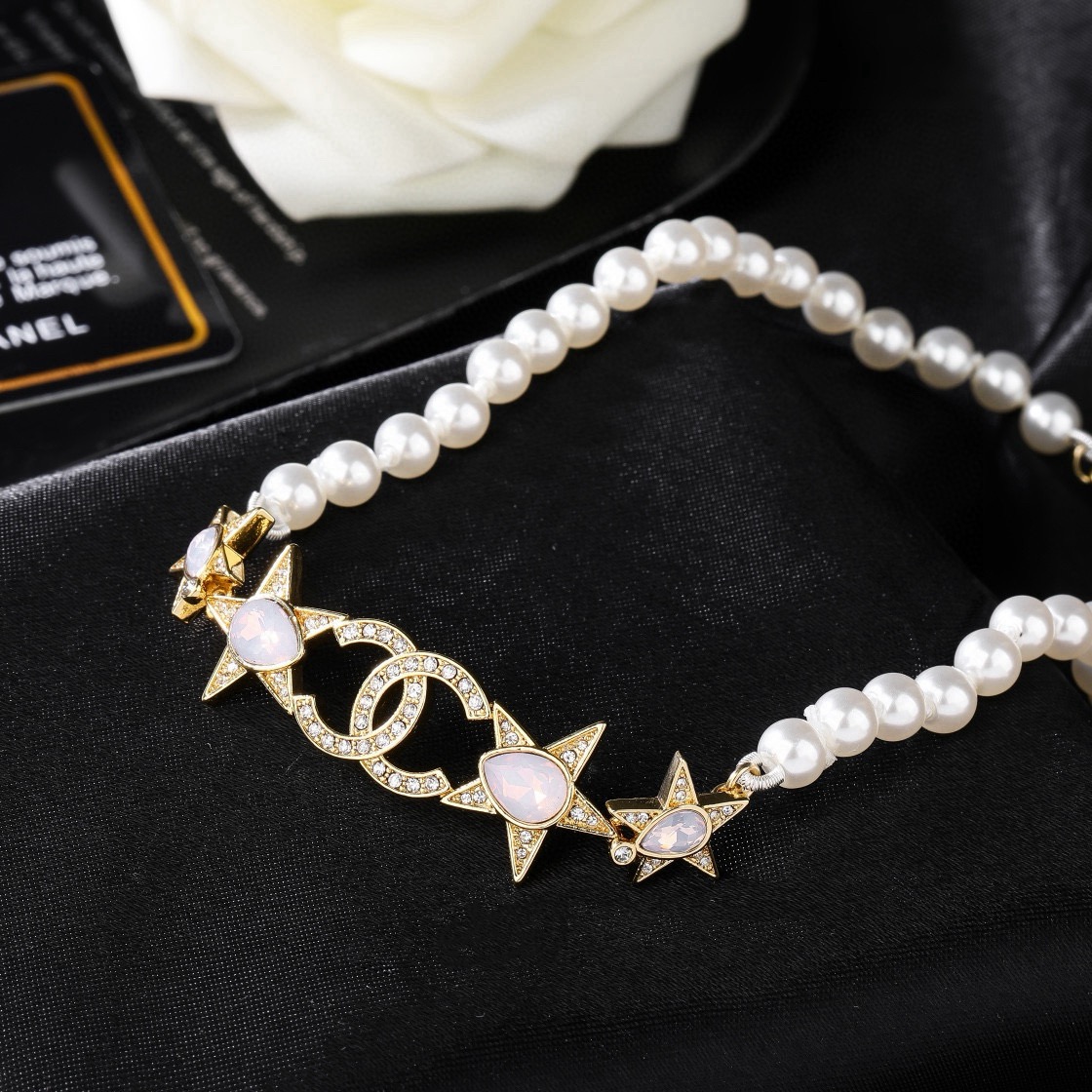 Chanel CC Star Pearl Choker necklace Gold-tone metal white faux pearls clear crystals opalescent pink accent stones 38cm with 5cm extender
