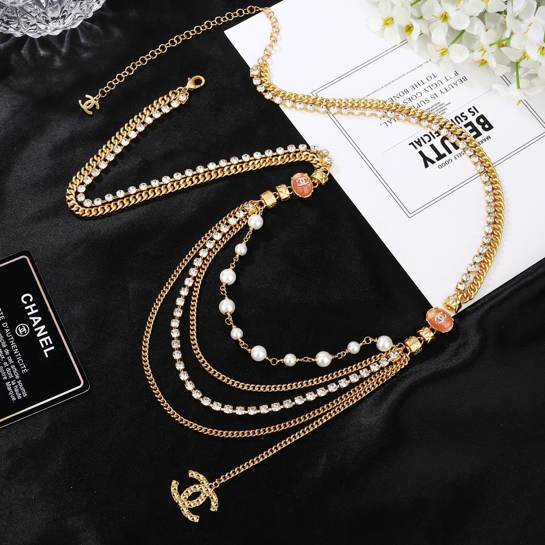 Chanel CC Logo Multi-Strand Pearl Crystal Waist Chain necklace Gold-tone metal white faux pearl clear crystal coral pink enamel 85cm