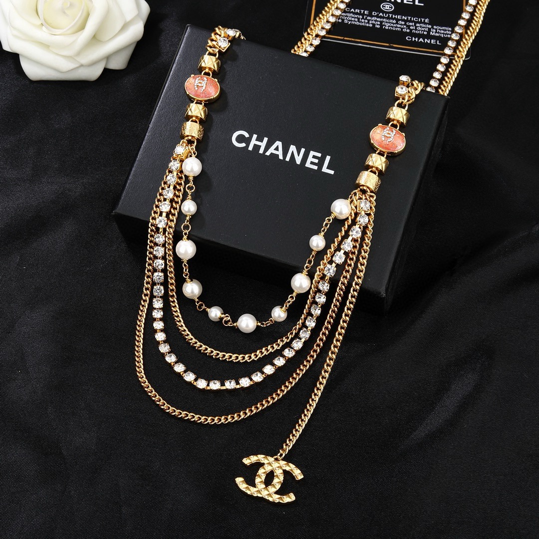 Chanel CC Logo Multi-Strand Pearl Crystal Waist Chain necklace Gold-tone metal white faux pearl clear crystal coral pink enamel 85cm