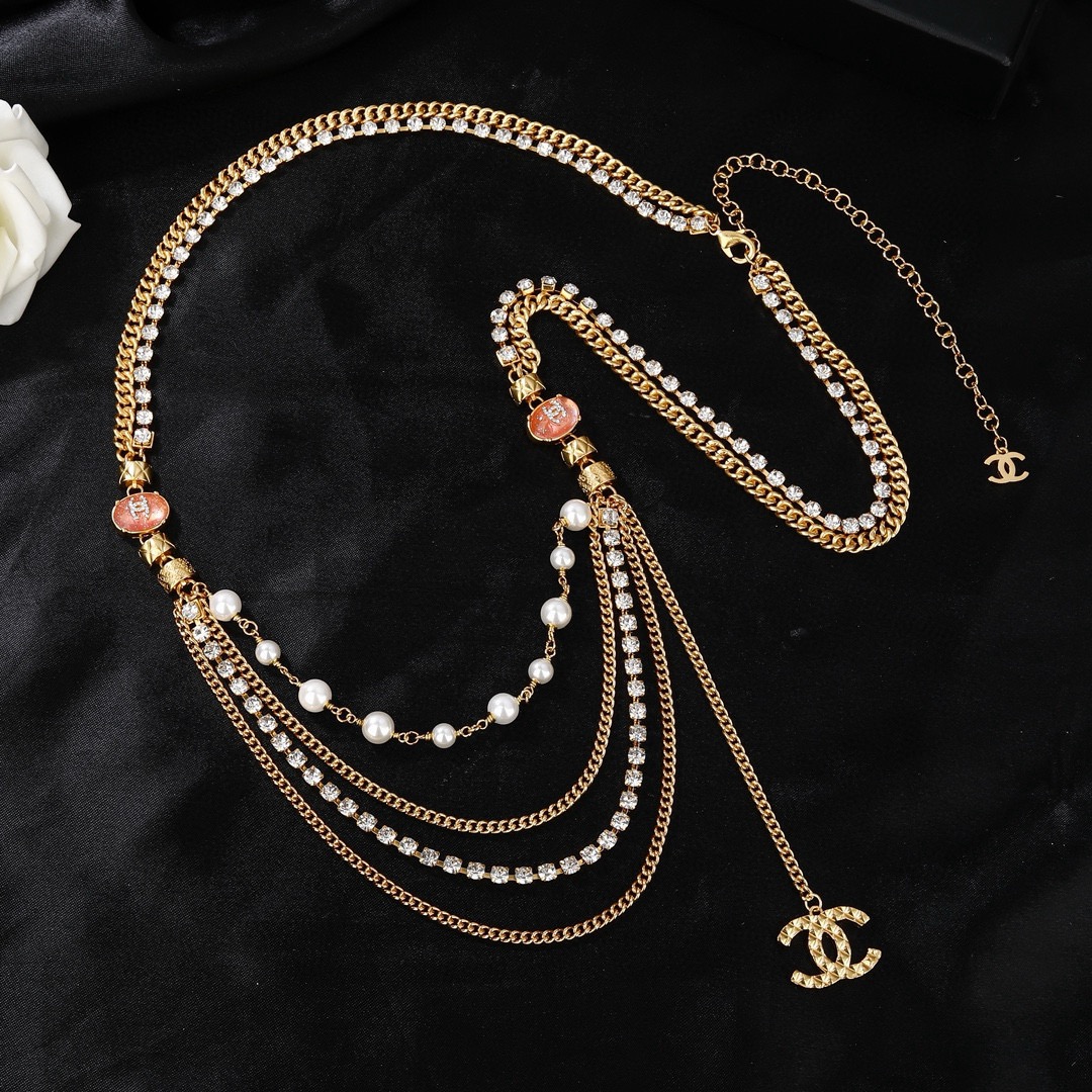 Chanel CC Logo Multi-Strand Pearl Crystal Waist Chain necklace Gold-tone metal white faux pearl clear crystal coral pink enamel 85cm