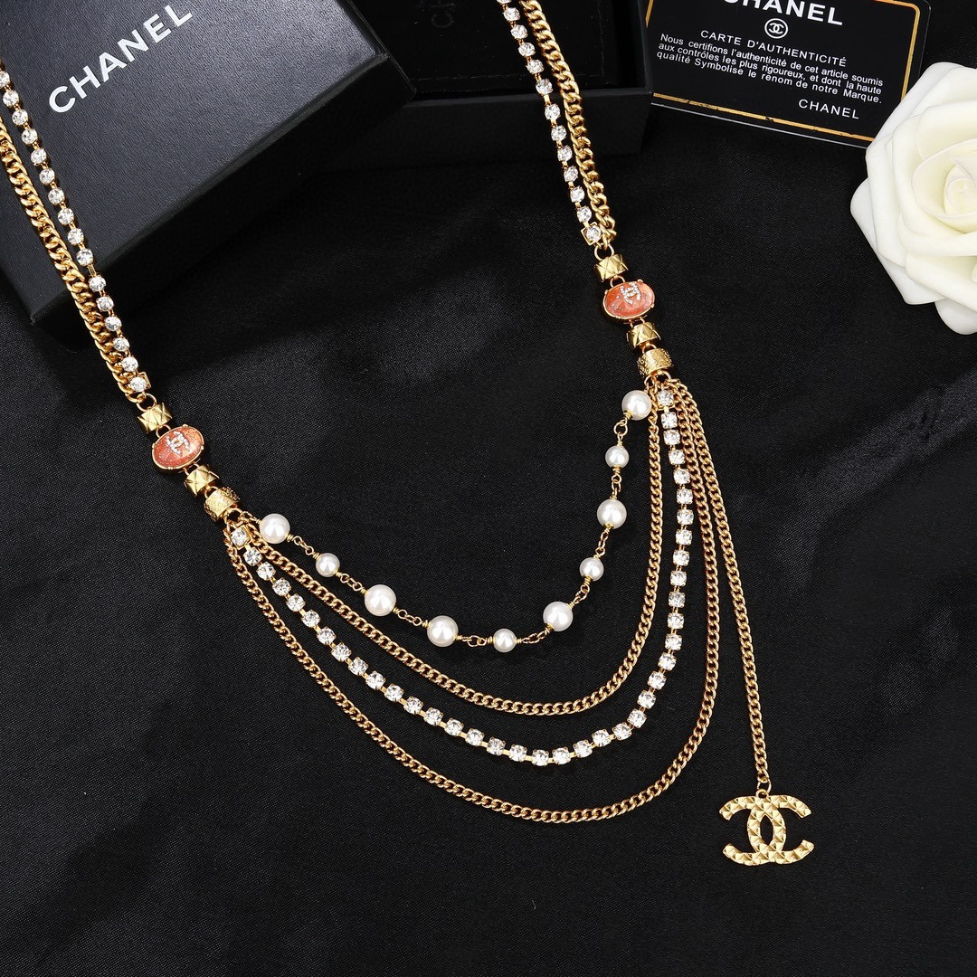 Chanel CC Logo Multi-Strand Pearl Crystal Waist Chain necklace Gold-tone metal white faux pearl clear crystal coral pink enamel 85cm