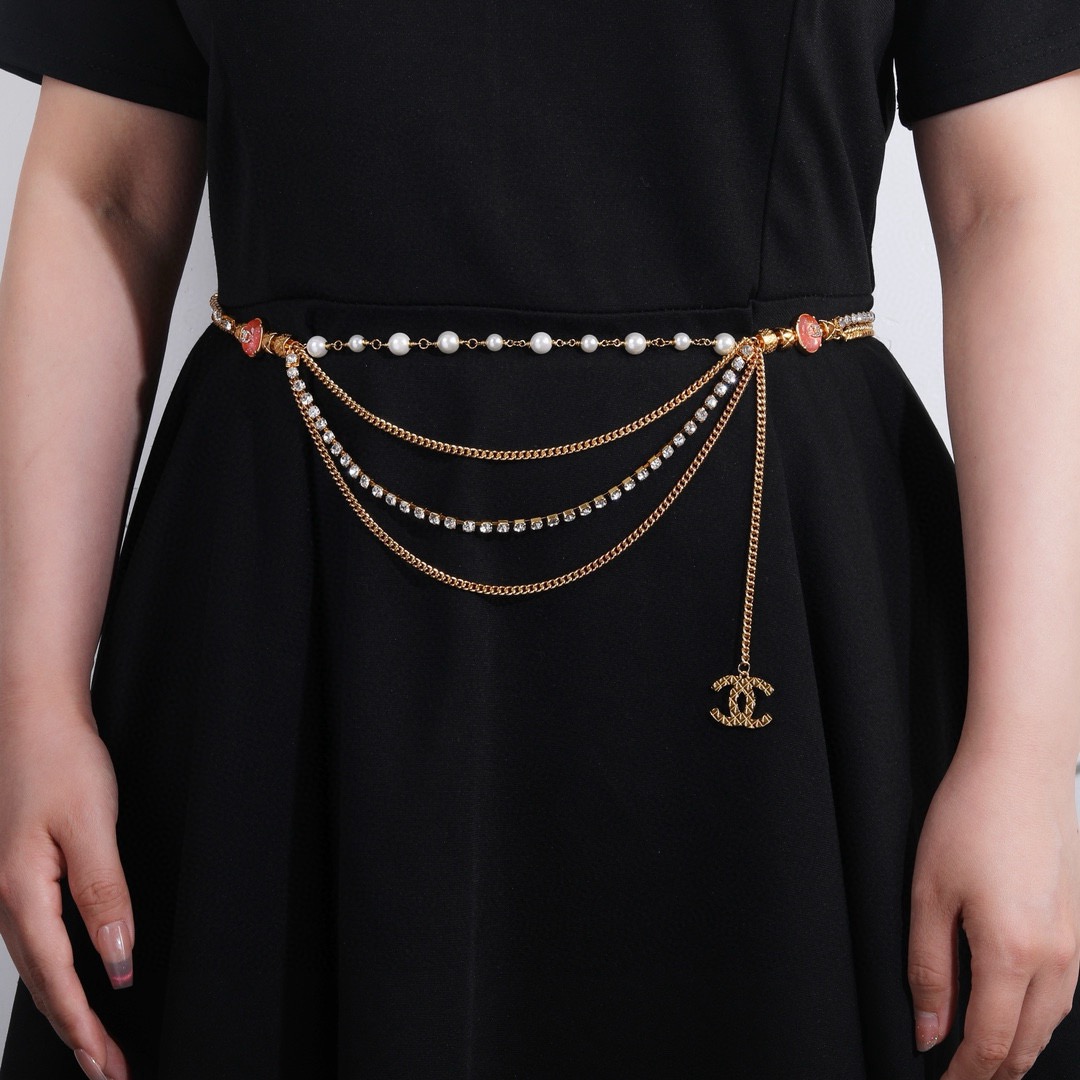 Chanel CC Logo Multi-Strand Pearl Crystal Waist Chain necklace Gold-tone metal white faux pearl clear crystal coral pink enamel 85cm