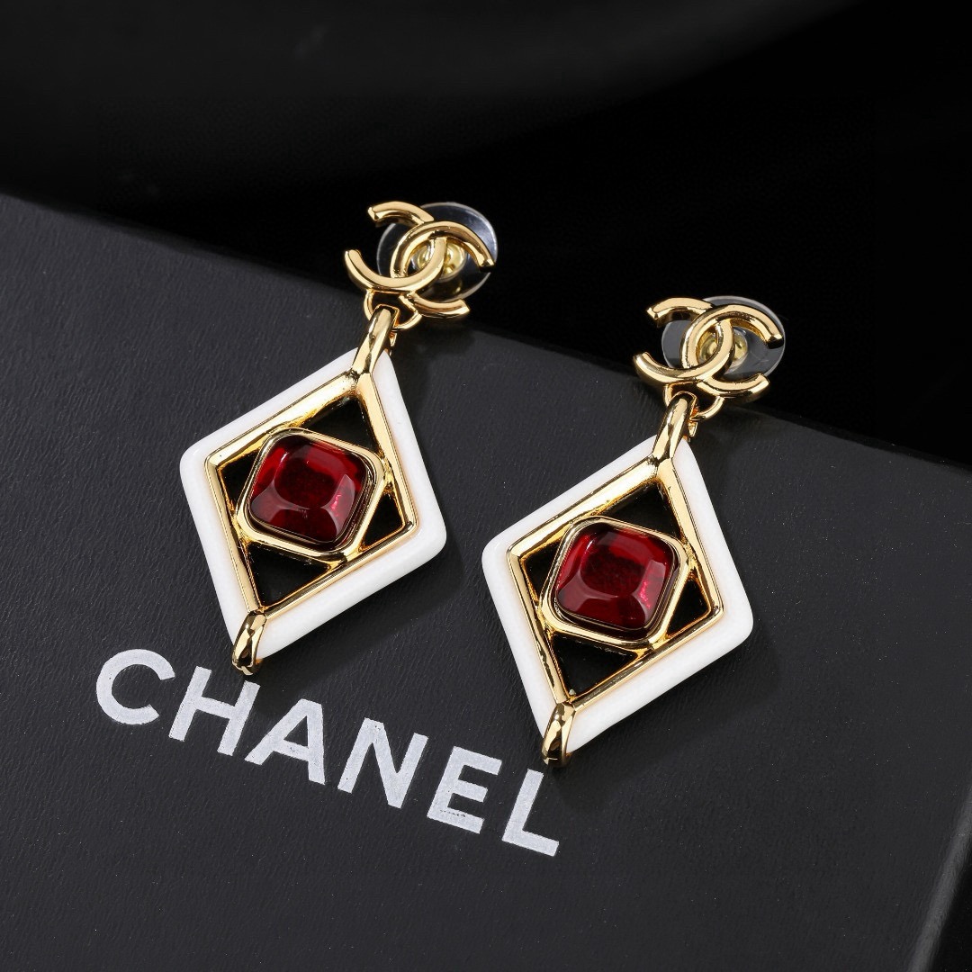 Chanel CC Logo Diamond Drop Earrings earrings gold-tone metal white enamel deep red resin stone 3 5cm drop length