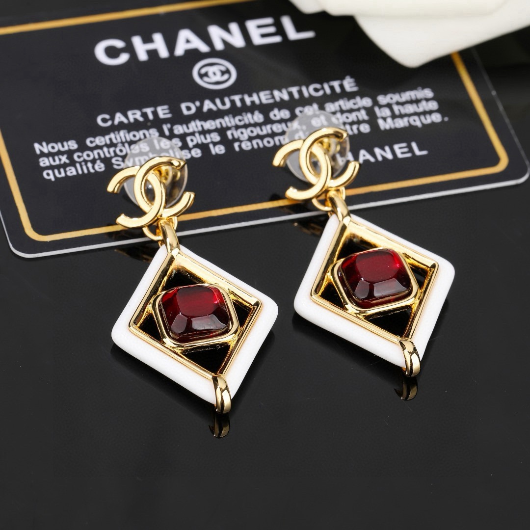 Chanel CC Logo Diamond Drop Earrings earrings gold-tone metal white enamel deep red resin stone 3 5cm drop length
