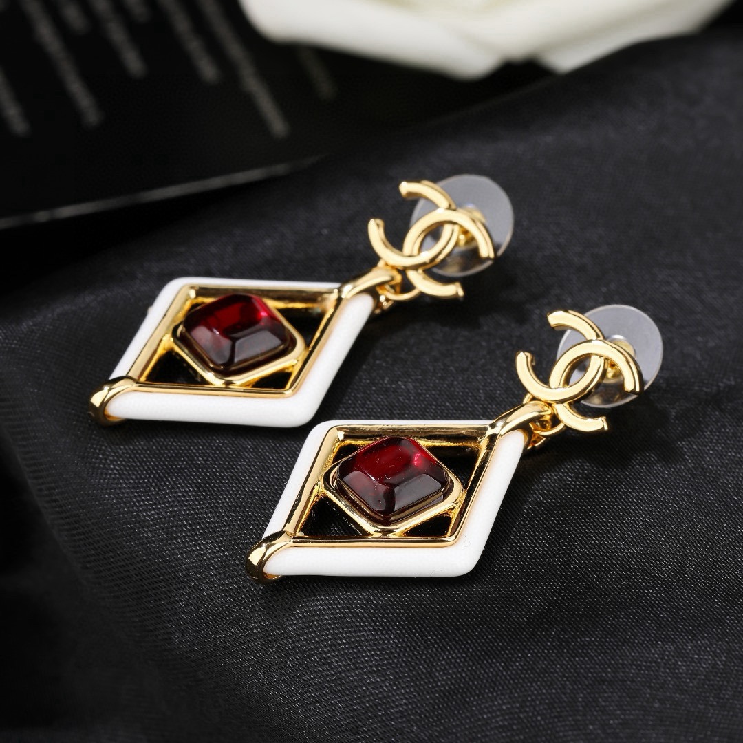 Chanel CC Logo Diamond Drop Earrings earrings gold-tone metal white enamel deep red resin stone 3 5cm drop length