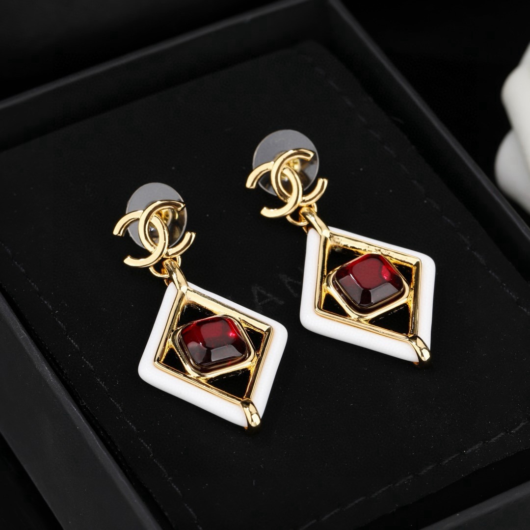 Chanel CC Logo Diamond Drop Earrings earrings gold-tone metal white enamel deep red resin stone 3 5cm drop length