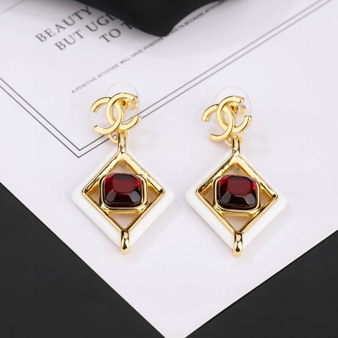 Chanel CC Logo Diamond Drop Earrings earrings gold-tone metal white enamel deep red resin stone 3 5cm drop length
