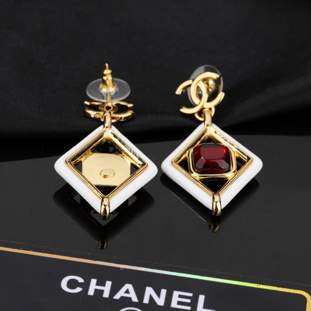 Chanel CC Logo Diamond Drop Earrings earrings gold-tone metal white enamel deep red resin stone 3 5cm drop length