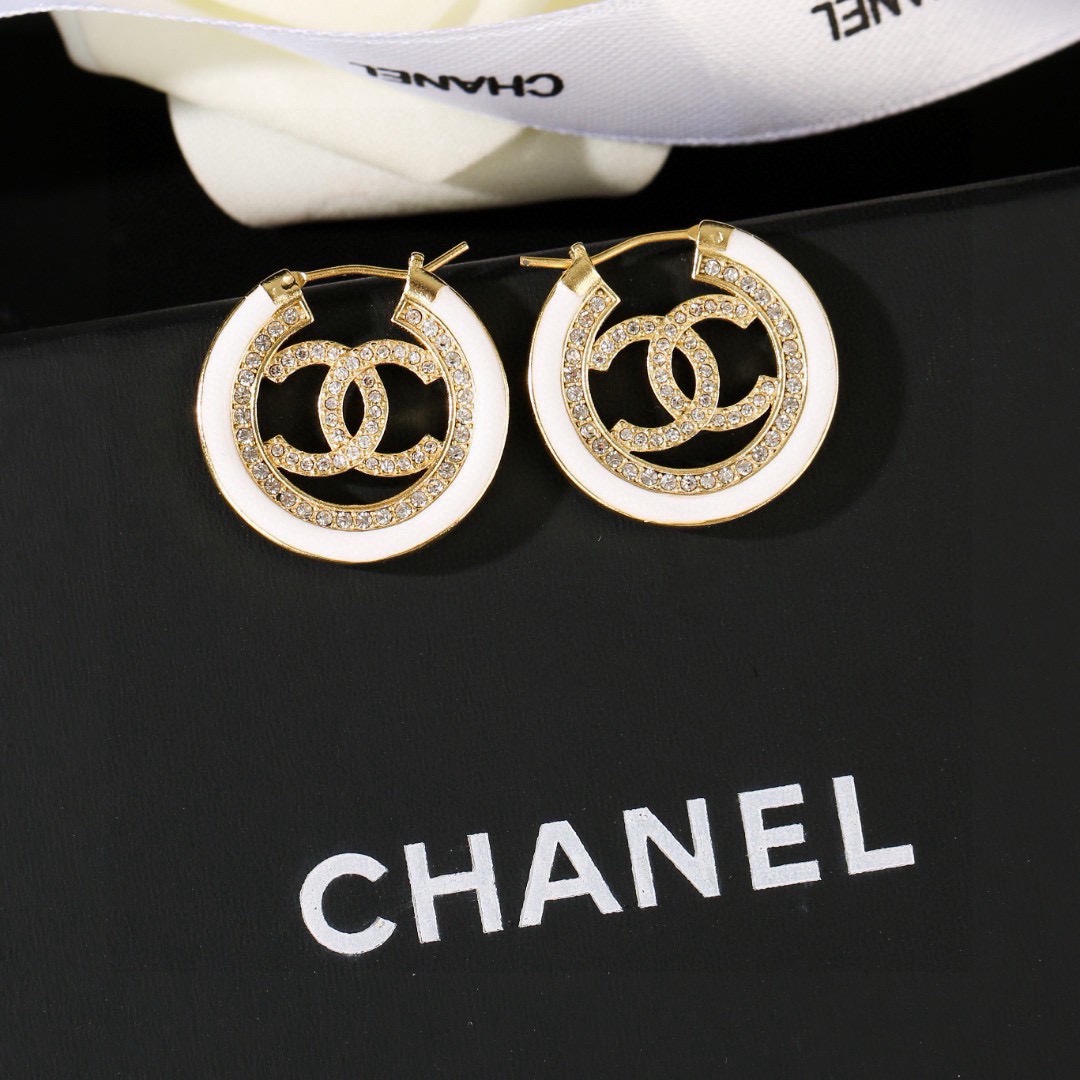 Chanel CC Logo Hoop Earrings earrings gold-tone metal white enamel clear crystal 2 5cm diameter