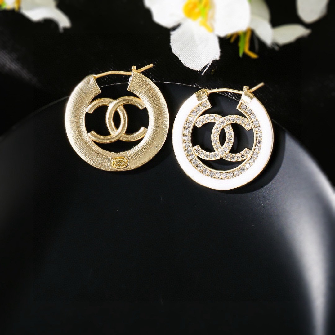 Chanel CC Logo Hoop Earrings earrings gold-tone metal white enamel clear crystal 2 5cm diameter