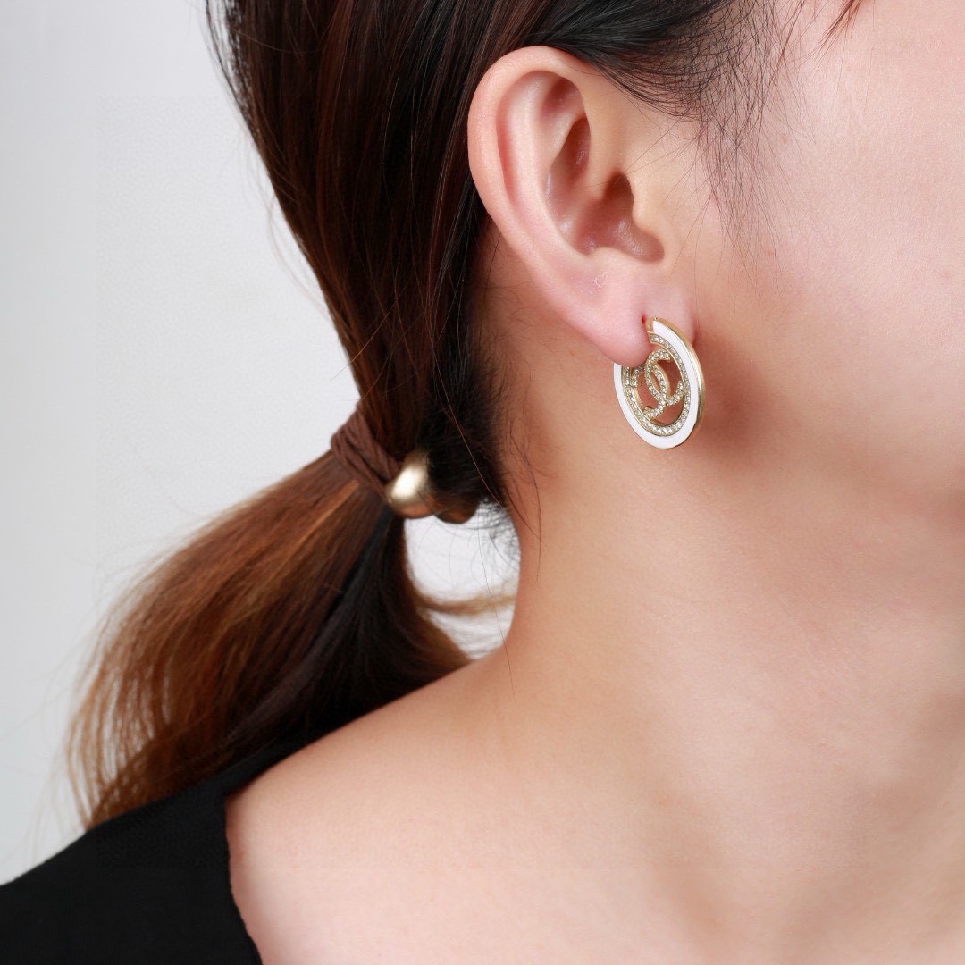 Chanel CC Logo Hoop Earrings earrings gold-tone metal white enamel clear crystal 2 5cm diameter