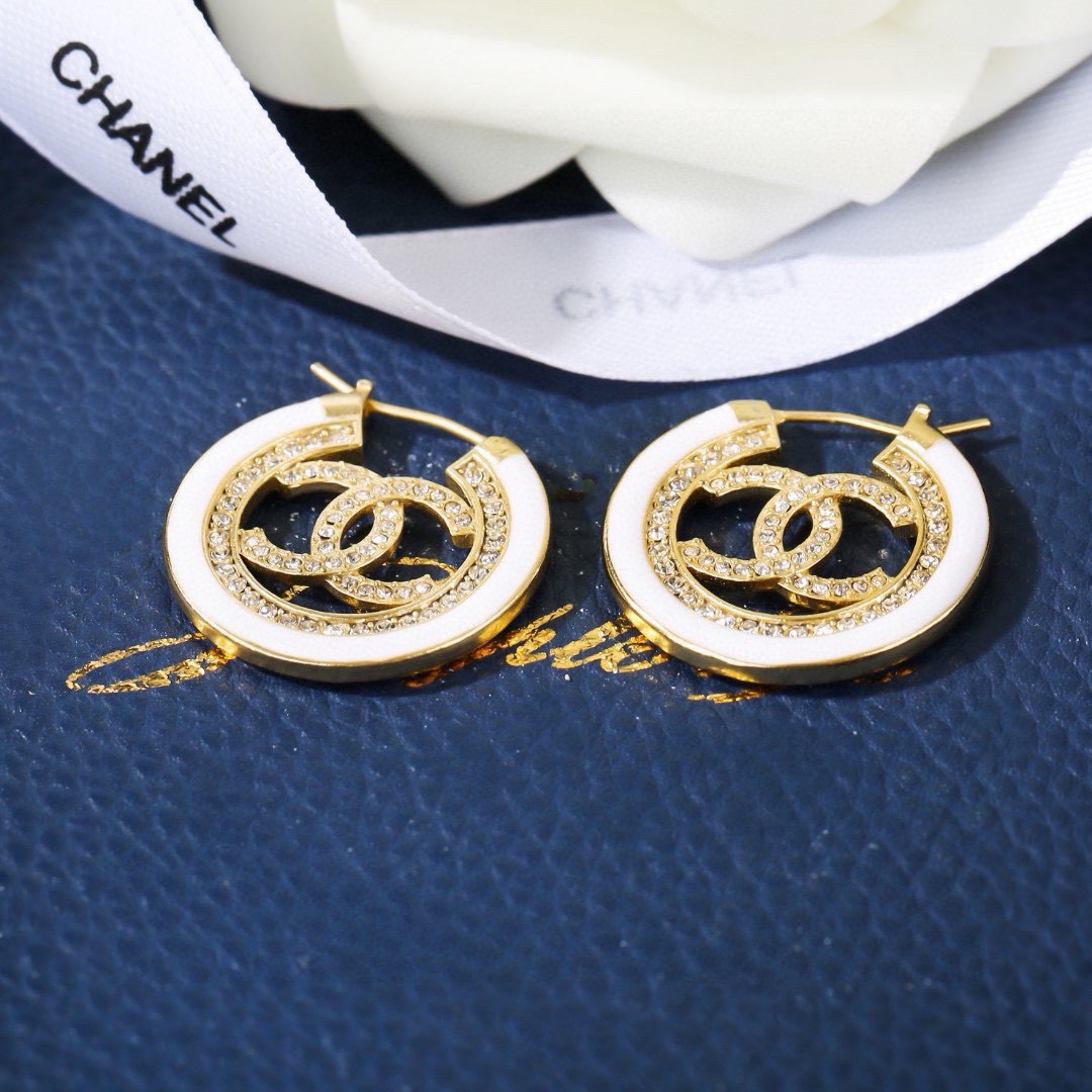 Chanel CC Logo Hoop Earrings earrings gold-tone metal white enamel clear crystal 2 5cm diameter