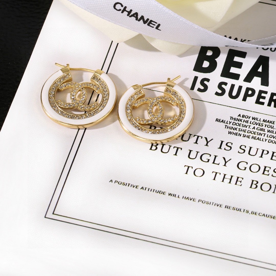 Chanel CC Logo Hoop Earrings earrings gold-tone metal white enamel clear crystal 2 5cm diameter