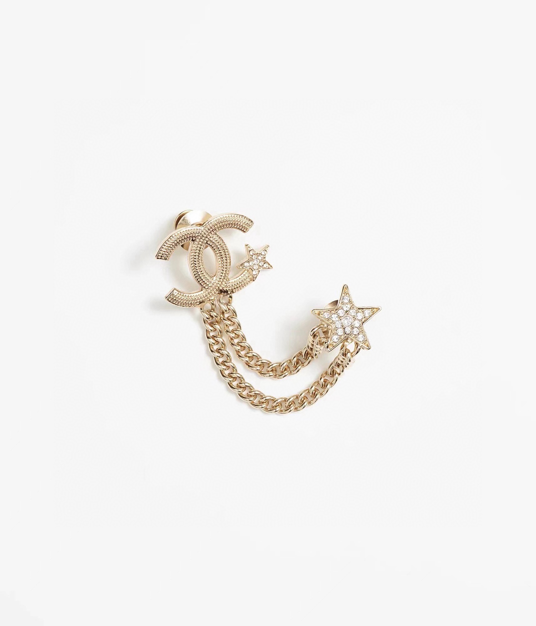 Chanel CC Star Chain Brooch brooch light gold metal with clear crystal accents 4cm width
