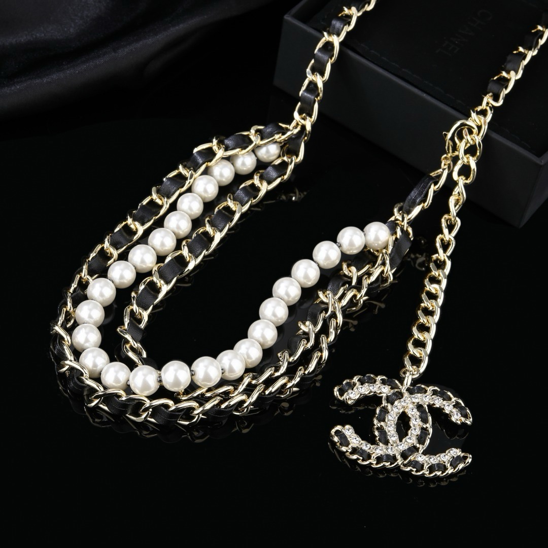 Chanel CC Logo Pearl Leather Chain Waist Necklace necklace Gold-tone metal black leather white faux pearl clear crystal 80cm