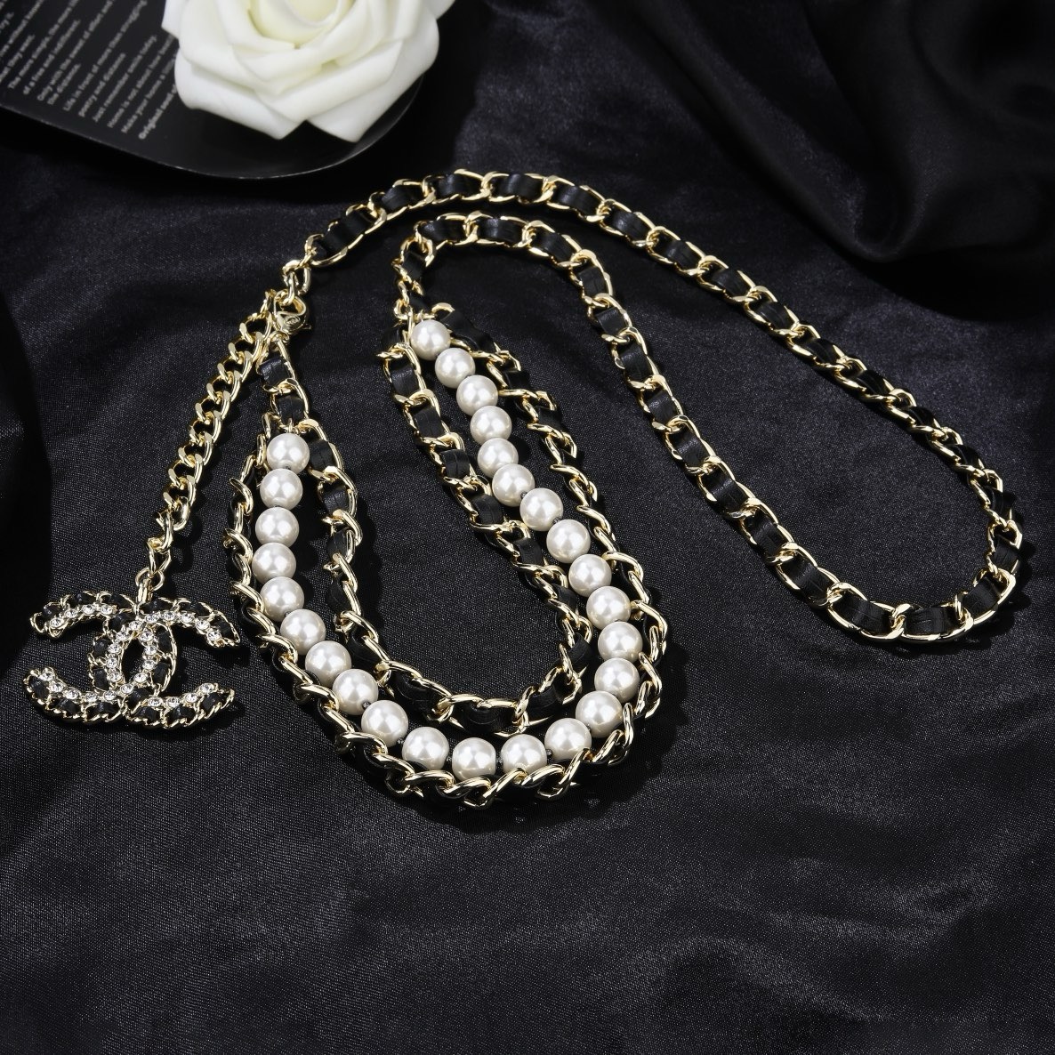 Chanel CC Logo Pearl Leather Chain Waist Necklace necklace Gold-tone metal black leather white faux pearl clear crystal 80cm