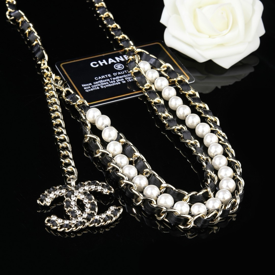 Chanel CC Logo Pearl Leather Chain Waist Necklace necklace Gold-tone metal black leather white faux pearl clear crystal 80cm