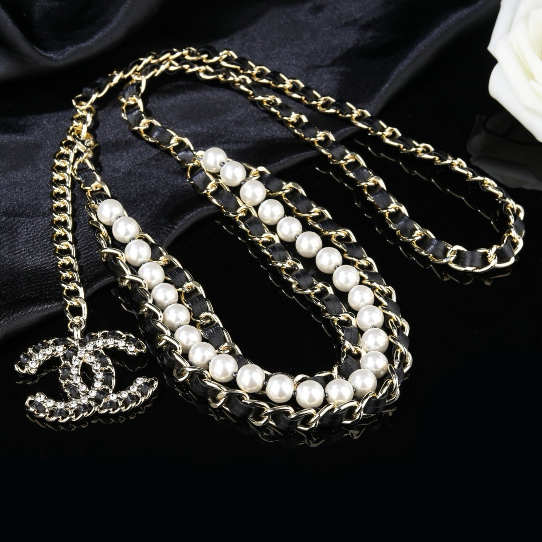Chanel CC Logo Pearl Leather Chain Waist Necklace necklace Gold-tone metal black leather white faux pearl clear crystal 80cm