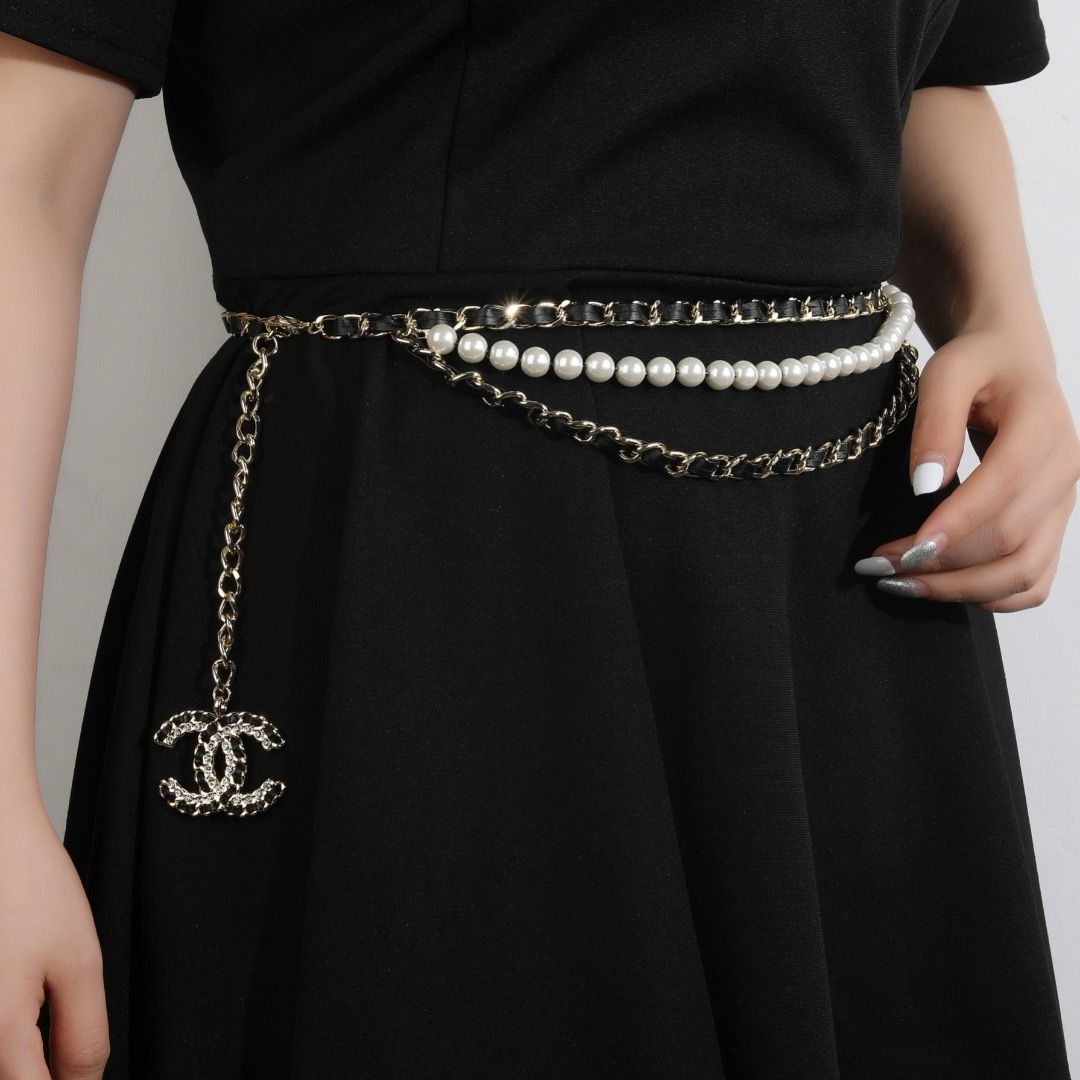 Chanel CC Logo Pearl Leather Chain Waist Necklace necklace Gold-tone metal black leather white faux pearl clear crystal 80cm