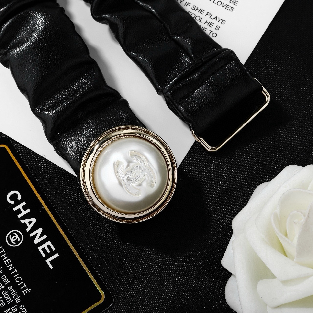 Chanel Goose series necklace black faux leather gold-tone metal white faux pearl 38cm