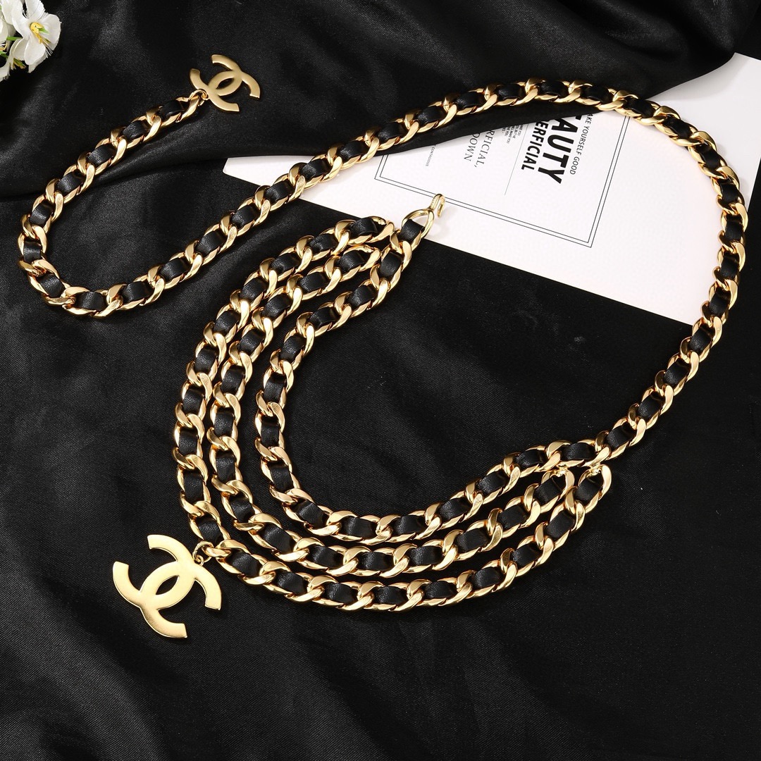 Chanel CC Logo Leather Woven Chain Belt necklace Gold-tone metal with black leather interwoven gold CC logo charms 105cm