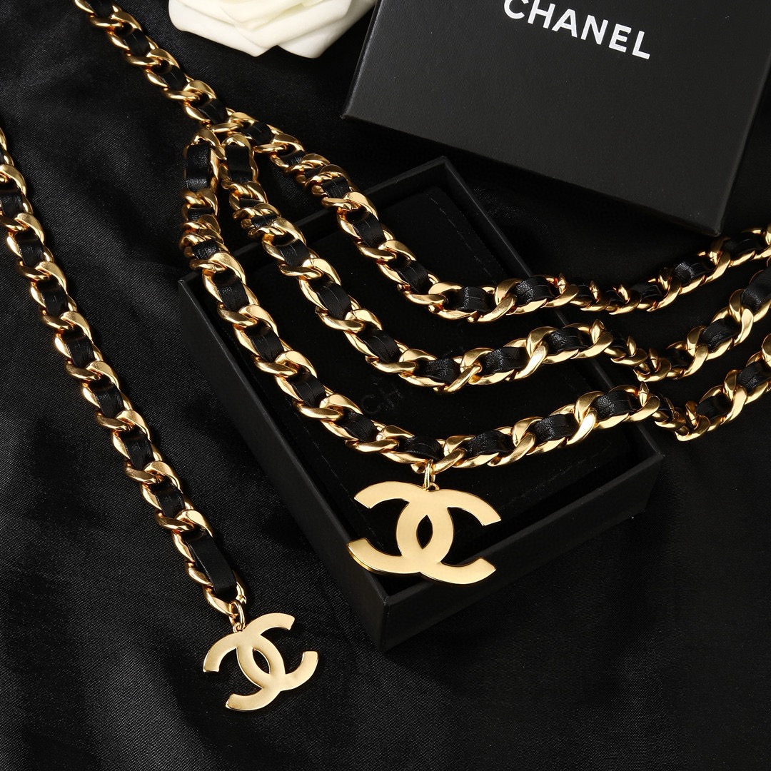 Chanel CC Logo Leather Woven Chain Belt necklace Gold-tone metal with black leather interwoven gold CC logo charms 105cm