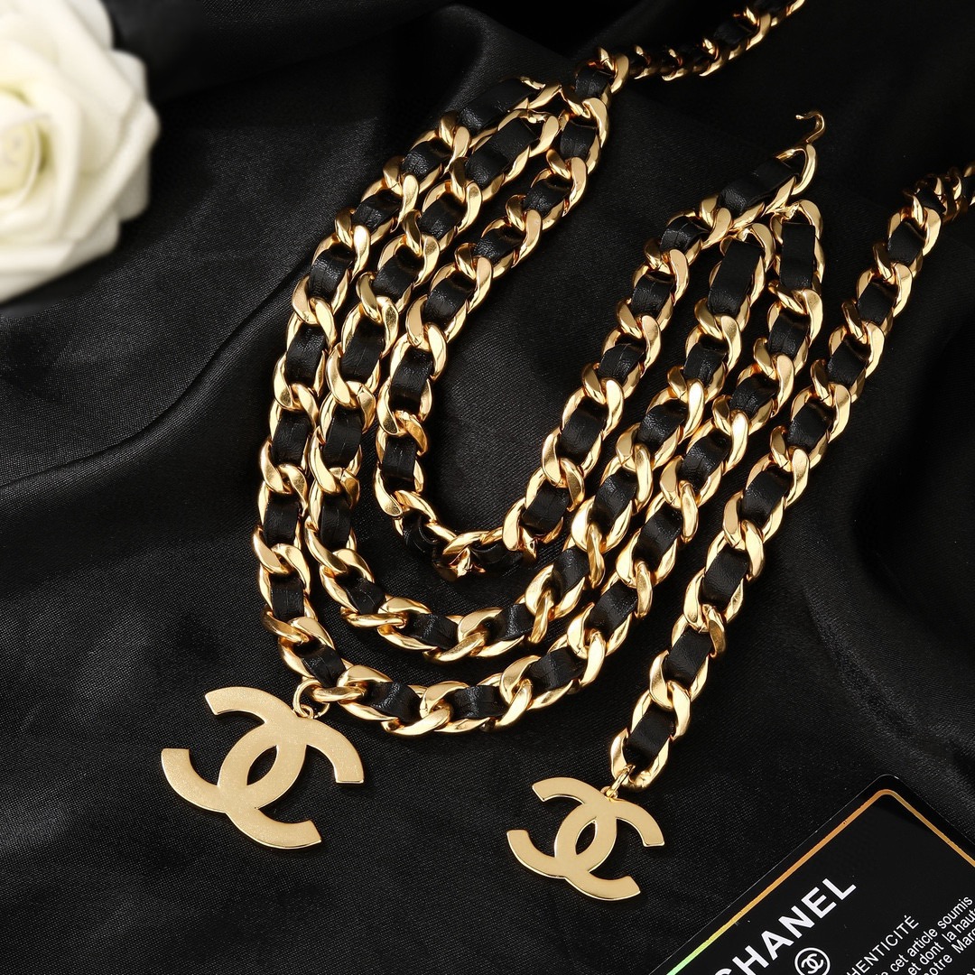 Chanel CC Logo Leather Woven Chain Belt necklace Gold-tone metal with black leather interwoven gold CC logo charms 105cm