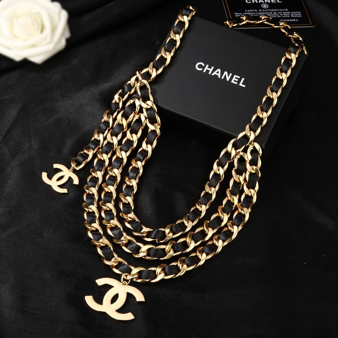 Chanel CC Logo Leather Woven Chain Belt necklace Gold-tone metal with black leather interwoven gold CC logo charms 105cm
