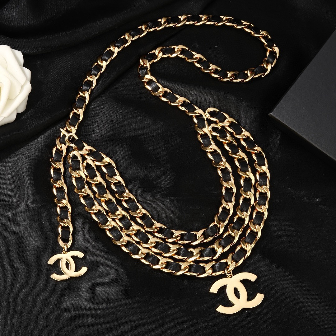Chanel CC Logo Leather Woven Chain Belt necklace Gold-tone metal with black leather interwoven gold CC logo charms 105cm