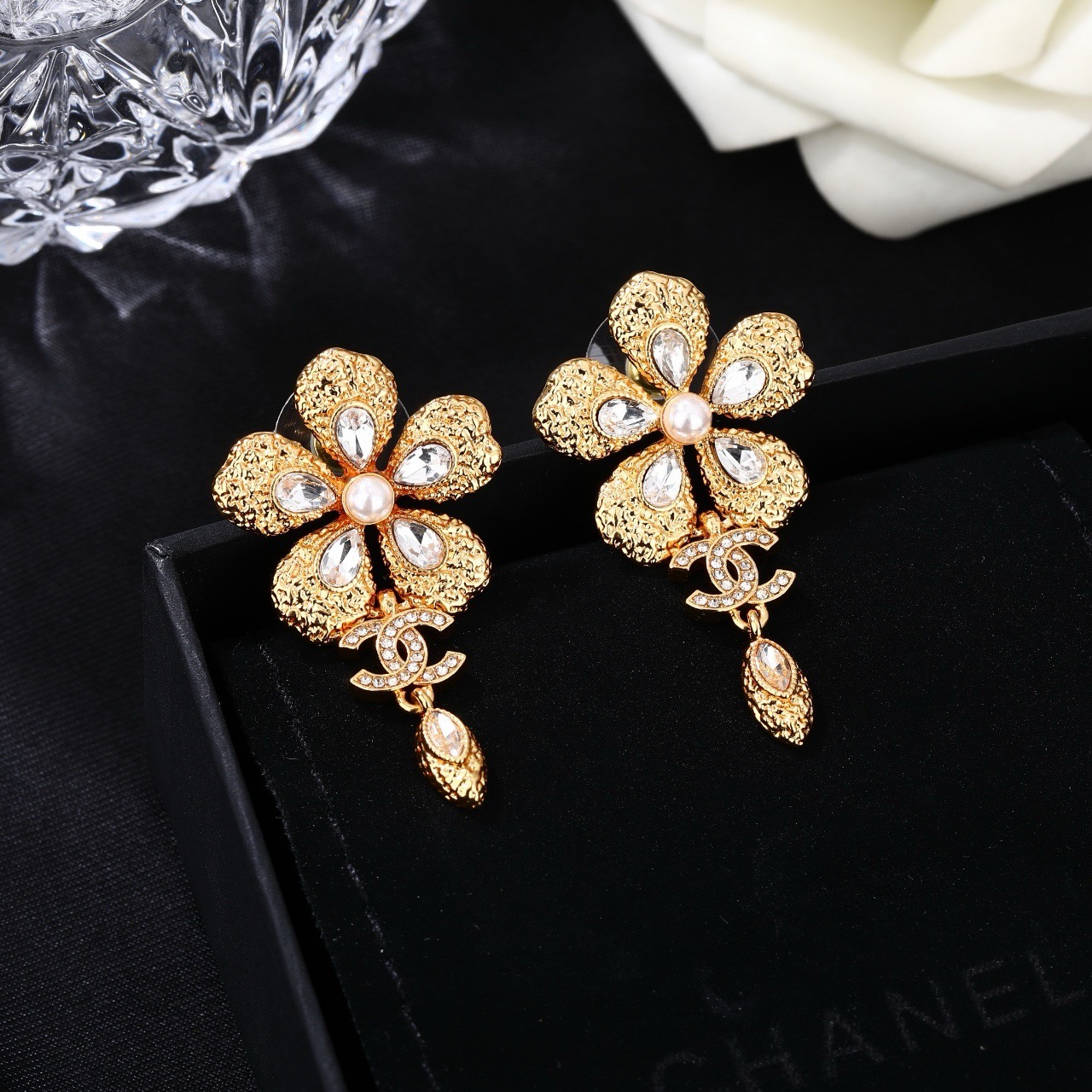 Chanel CC Flower Drop Earrings earrings gold-tone metal clear faceted crystals cream faux pearl 3 5cm drop length